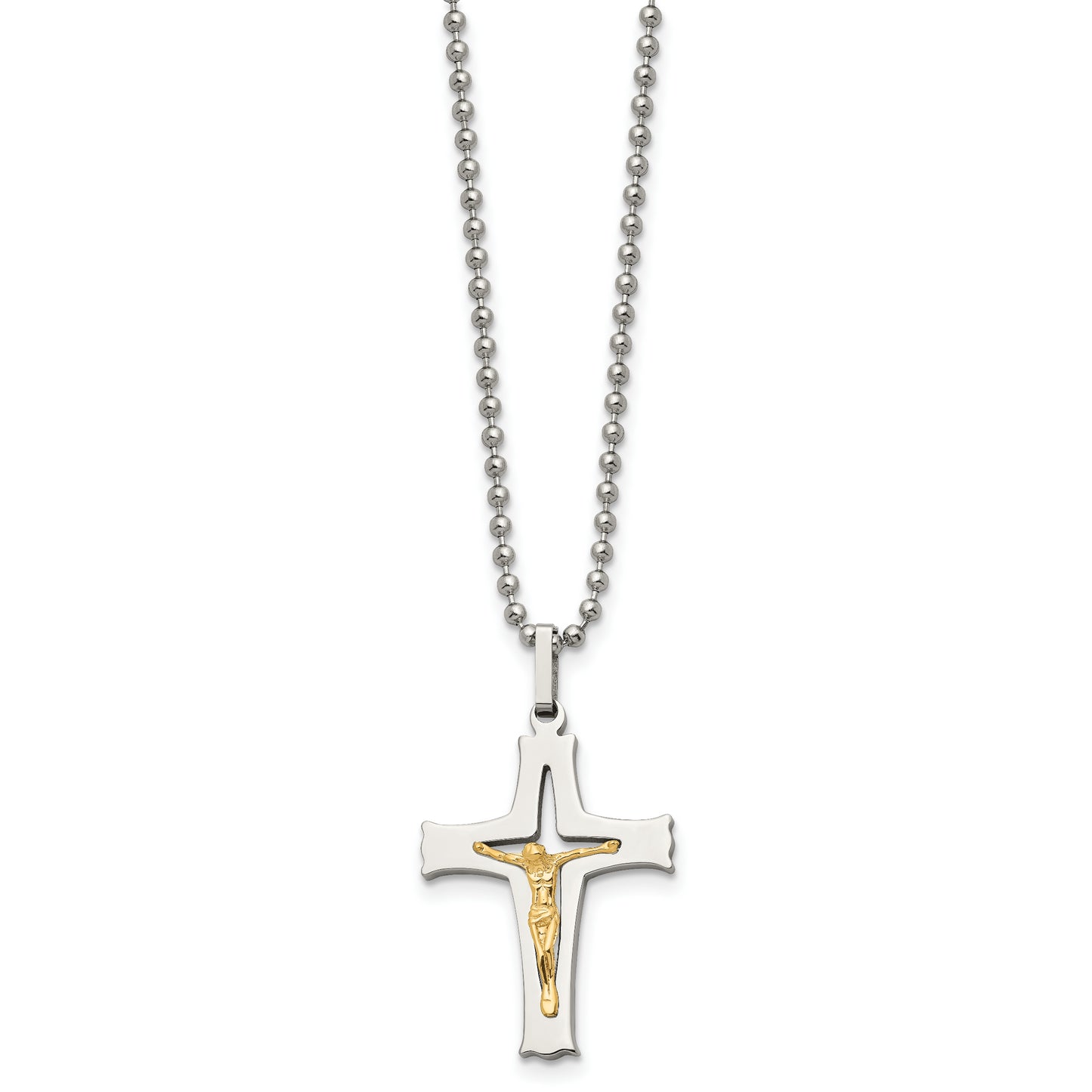 Stainless Steel Chisel Polished With 14K Gold Accent Crucifix Pendant On A 22 Inch Ball Chain Necklace