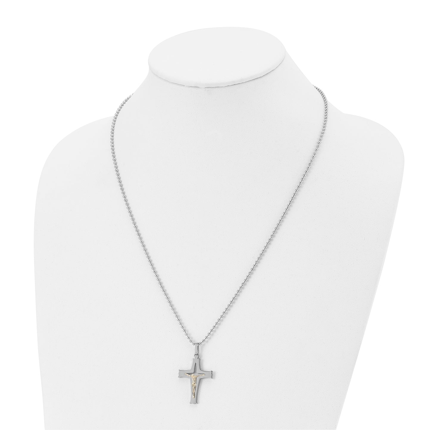 Stainless Steel Chisel Polished With 14K Gold Accent Crucifix Pendant On A 22 Inch Ball Chain Necklace