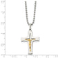 Stainless Steel Chisel Polished With 14K Gold Accent Crucifix Pendant On A 22 Inch Ball Chain Necklace