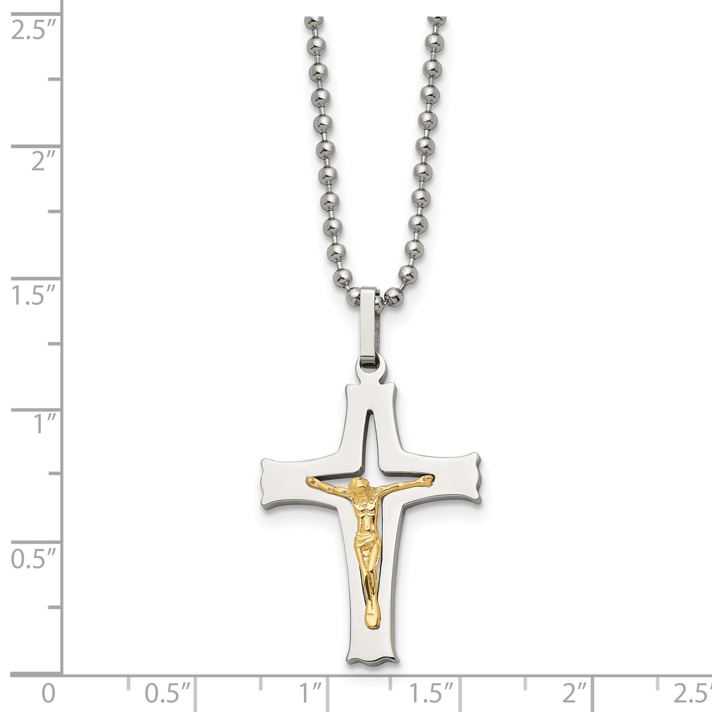 Stainless Steel Chisel Polished With 14K Gold Accent Crucifix Pendant On A 22 Inch Ball Chain Necklace