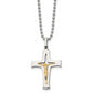 Stainless Steel Chisel Polished With 14K Gold Accent Crucifix Pendant On A 22 Inch Ball Chain Necklace