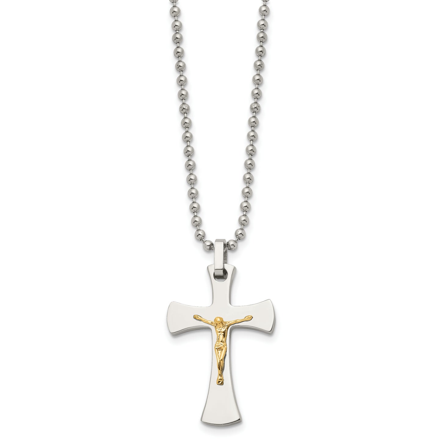 Stainless Steel Chisel Polished With 14K Gold Accent Crucifix Pendant On A 22 Inch Ball Chain Necklace