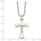 Stainless Steel Chisel Polished With 14K Gold Accent Crucifix Pendant On A 22 Inch Ball Chain Necklace