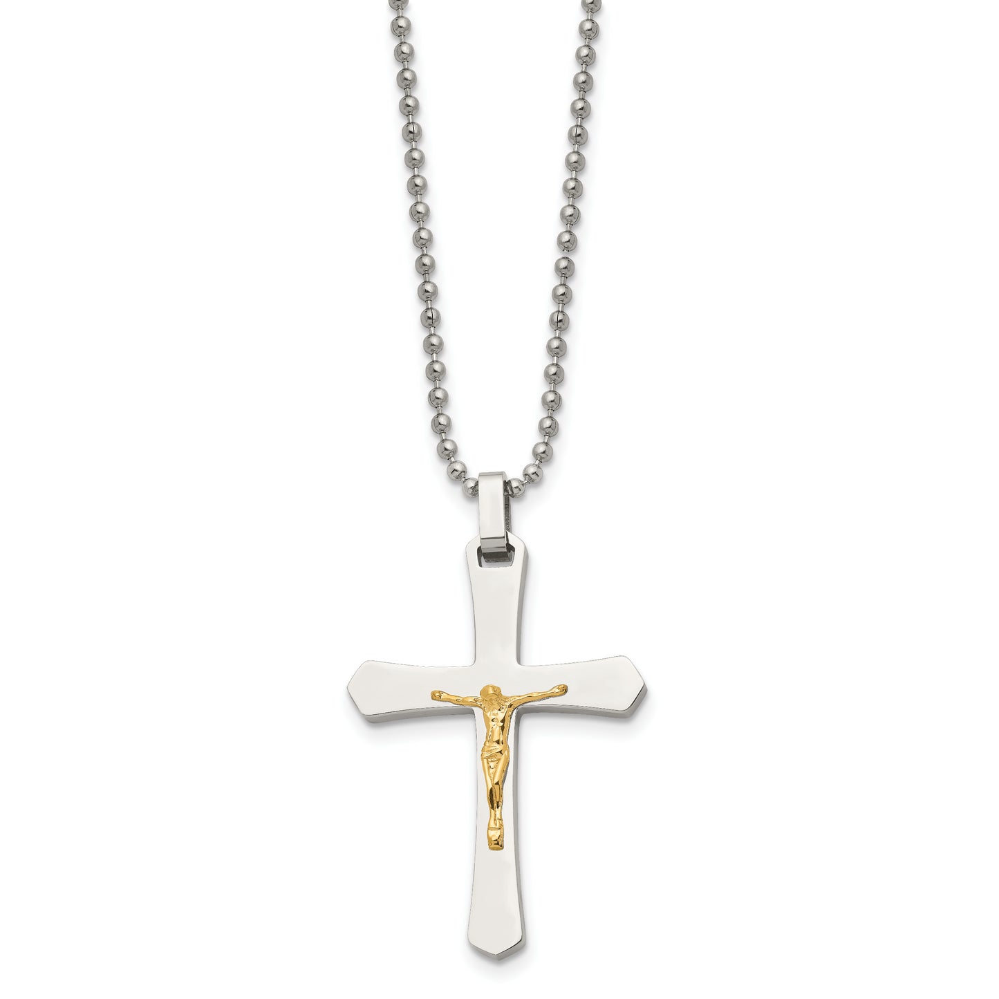 Stainless Steel Chisel Polished With 14K Gold Accent Crucifix Pendant On A 22 Inch Ball Chain Necklace