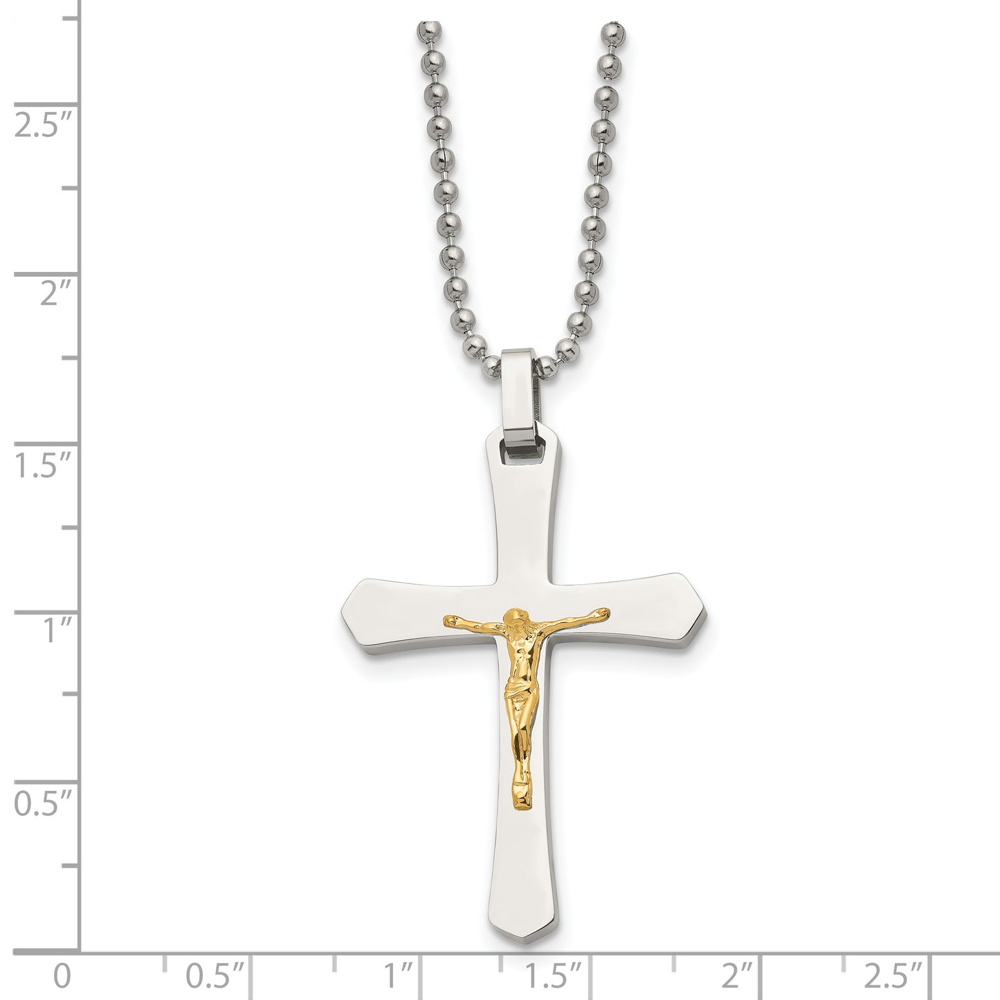 Stainless Steel Chisel Polished With 14K Gold Accent Crucifix Pendant On A 22 Inch Ball Chain Necklace