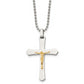 Stainless Steel Chisel Polished With 14K Gold Accent Crucifix Pendant On A 22 Inch Ball Chain Necklace