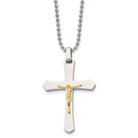 Stainless Steel Chisel Polished With 14K Gold Accent Crucifix Pendant On A 22 Inch Ball Chain Necklace