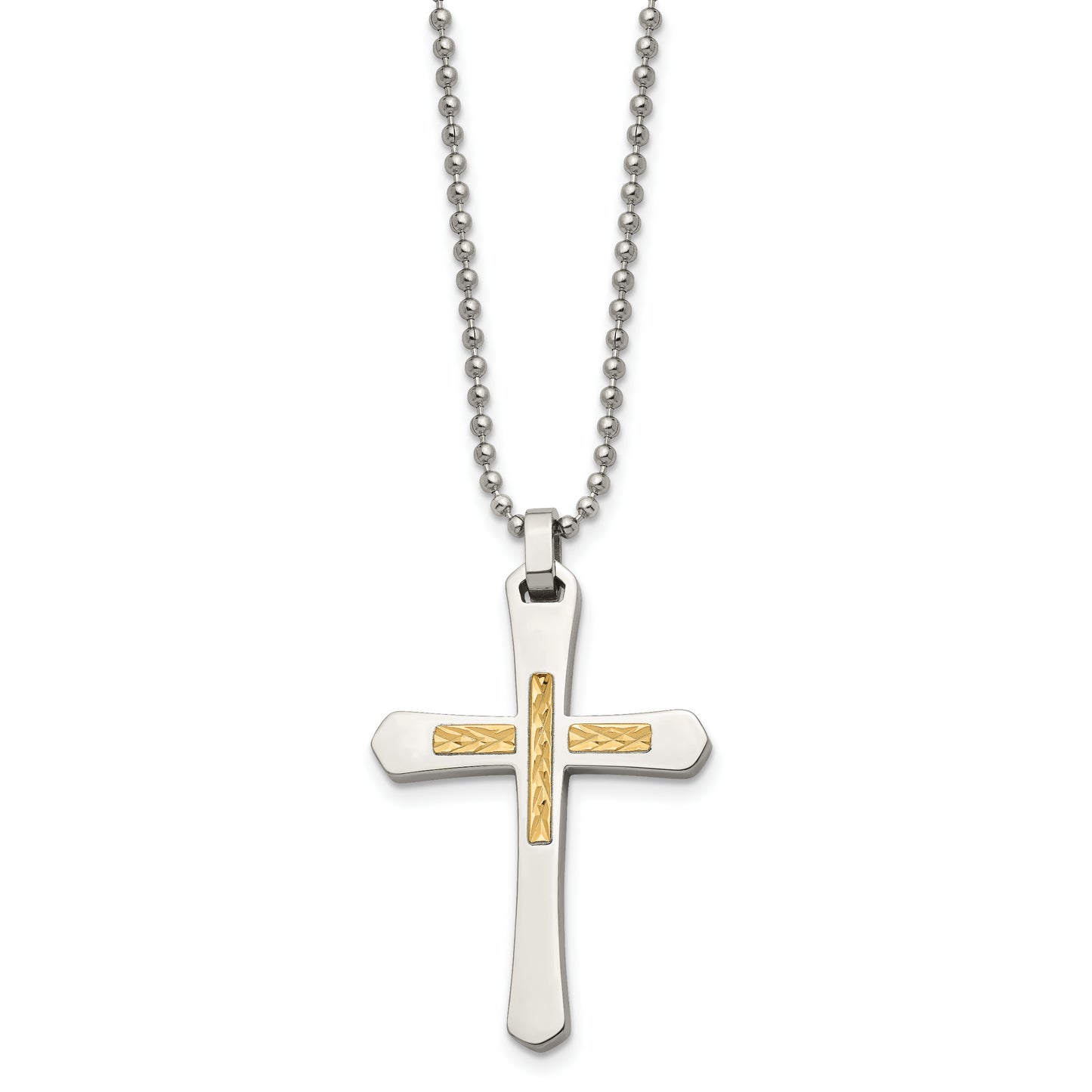 Stainless Steel Chisel Polished With 14K Gold Accent Diamond-Cut Cross Pendant On A 22 Inch Ball Chain Necklace