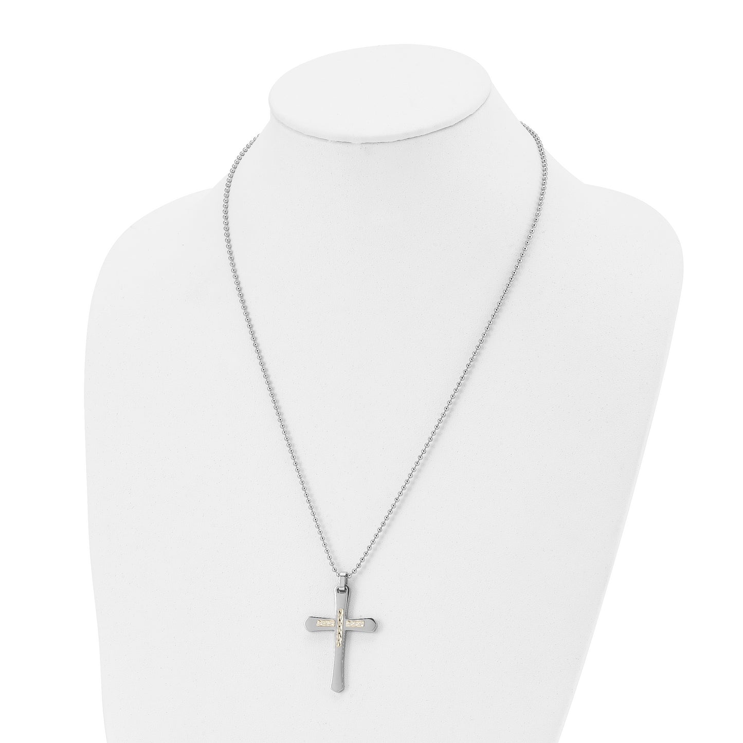 Stainless Steel Chisel Polished With 14K Gold Accent Diamond-Cut Cross Pendant On A 22 Inch Ball Chain Necklace