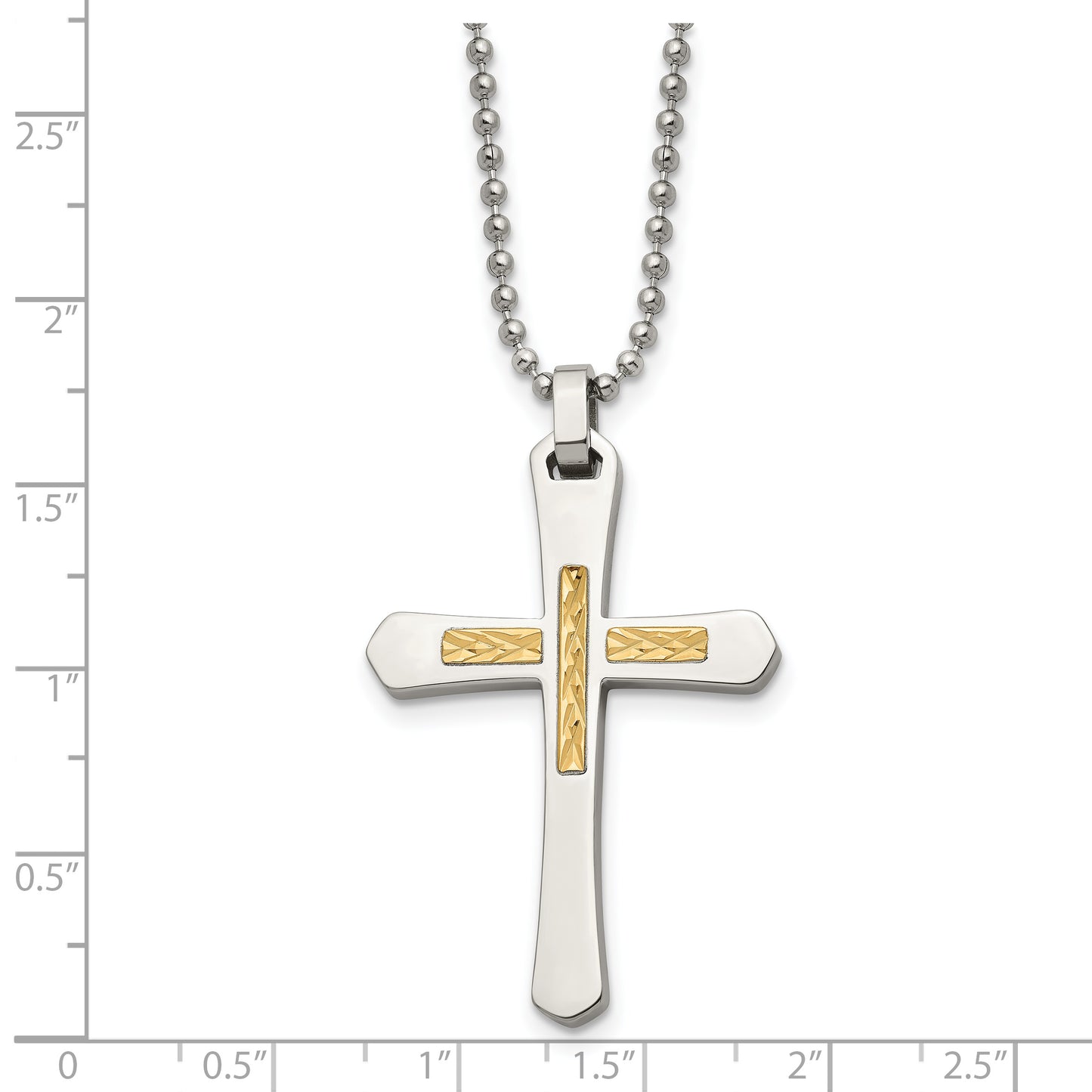 Stainless Steel Chisel Polished With 14K Gold Accent Diamond-Cut Cross Pendant On A 22 Inch Ball Chain Necklace