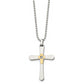 Stainless Steel Chisel Polished With 14K Gold Accent 1/2Pt Diamond Cross Pendant On A 22 Inch Ball Chain Necklace