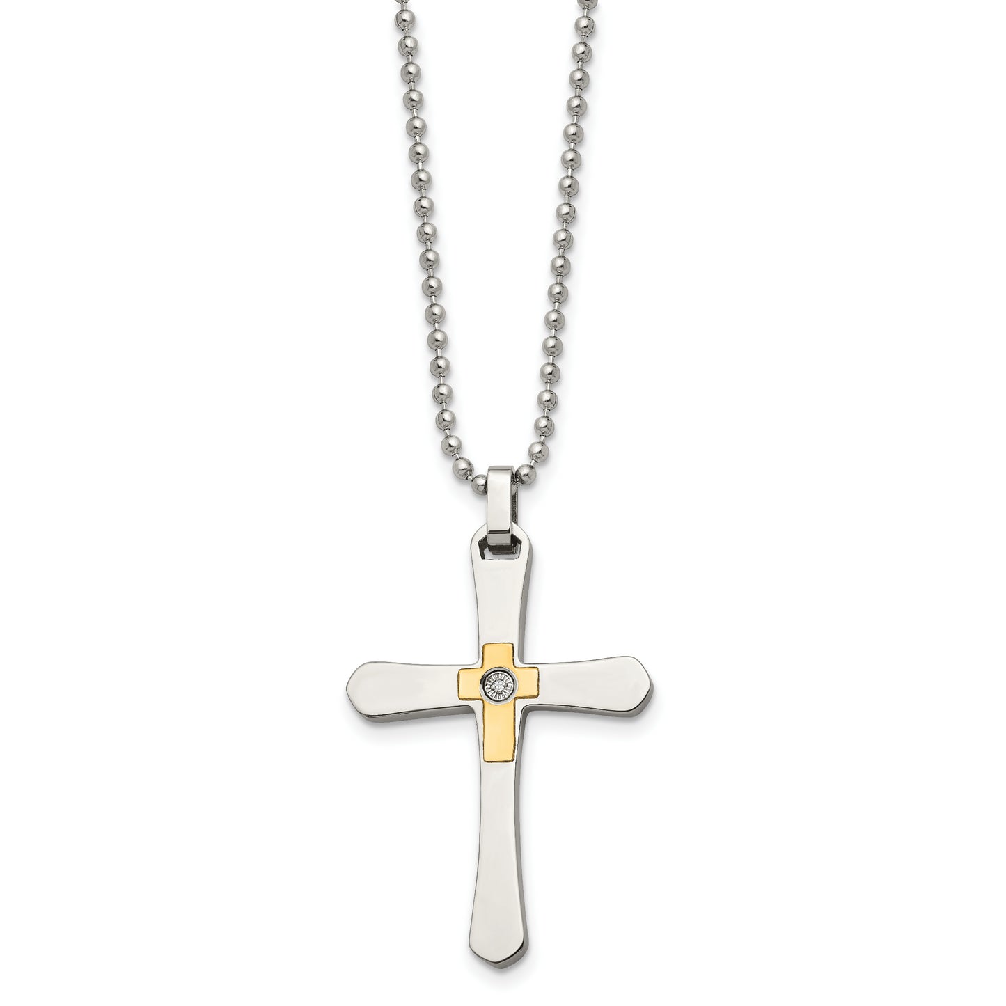 Stainless Steel Chisel Polished With 14K Gold Accent 1/2Pt Diamond Cross Pendant On A 22 Inch Ball Chain Necklace