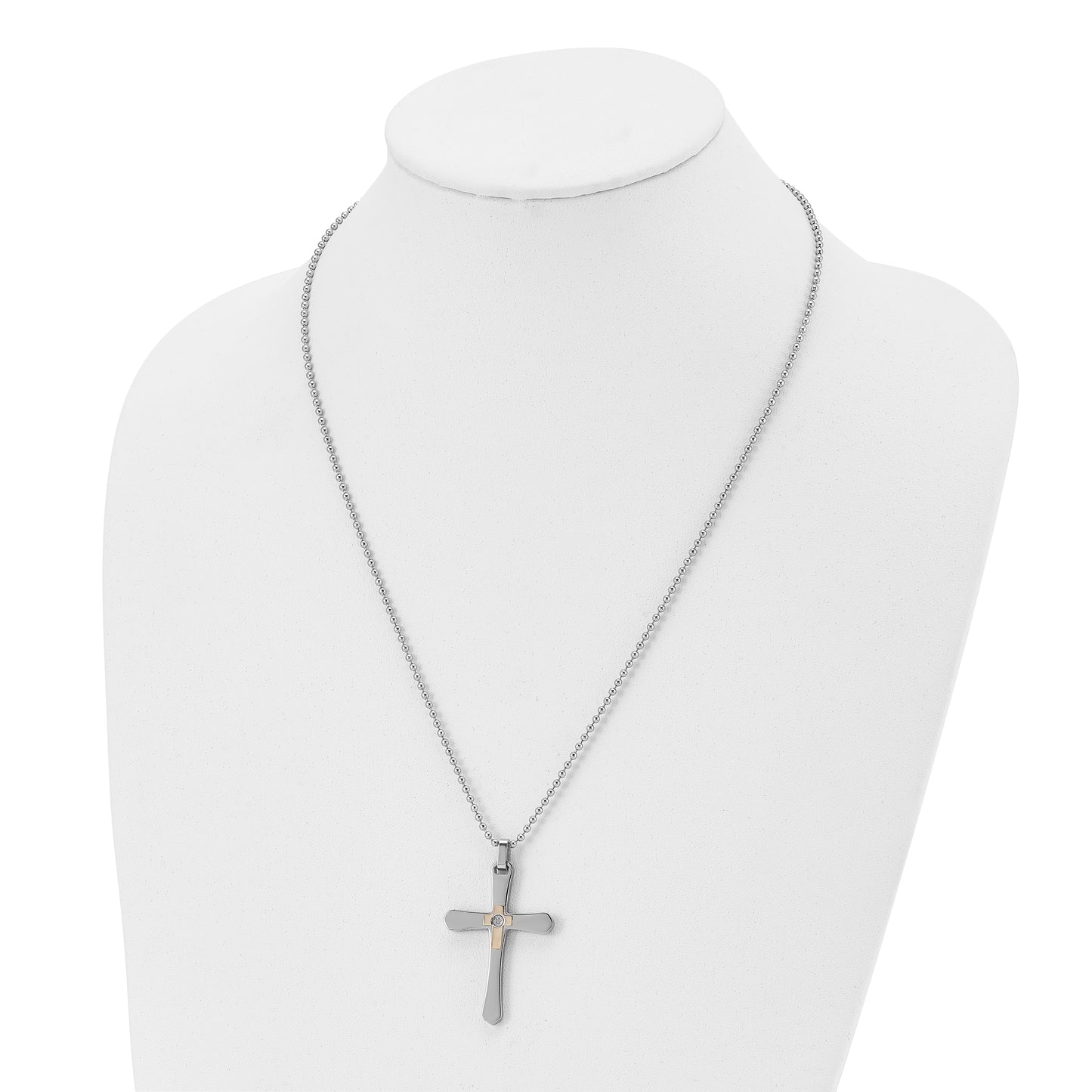 Stainless Steel Chisel Polished With 14K Gold Accent 1/2Pt Diamond Cross Pendant On A 22 Inch Ball Chain Necklace