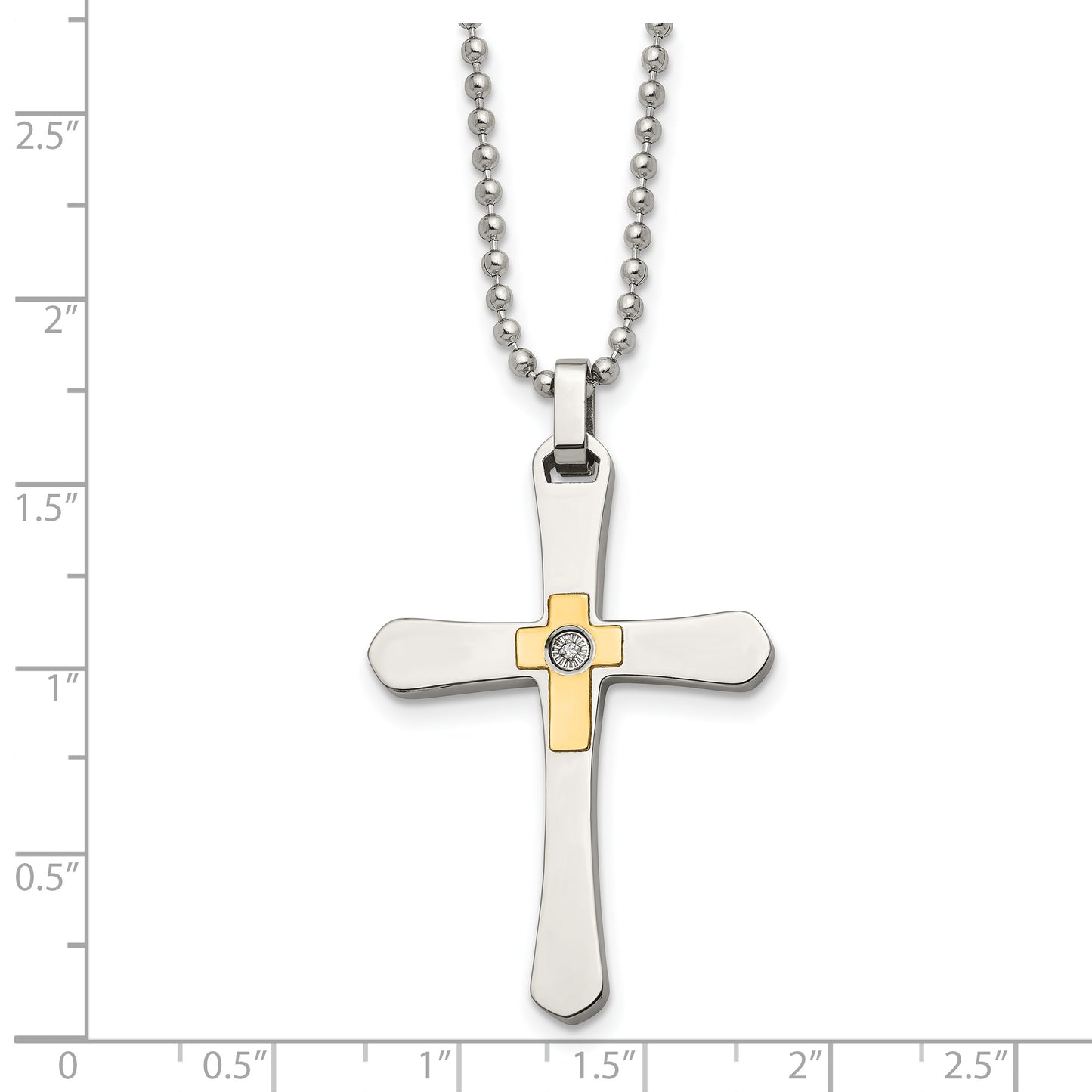 Stainless Steel Chisel Polished With 14K Gold Accent 1/2Pt Diamond Cross Pendant On A 22 Inch Ball Chain Necklace