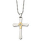 Stainless Steel Chisel Polished With 14K Gold Accent 1/2Pt Diamond Cross Pendant On A 22 Inch Ball Chain Necklace