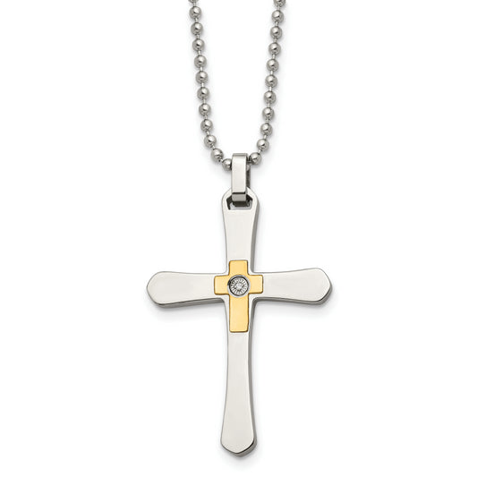 Stainless Steel Chisel Polished With 14K Gold Accent 1/2Pt Diamond Cross Pendant On A 22 Inch Ball Chain Necklace