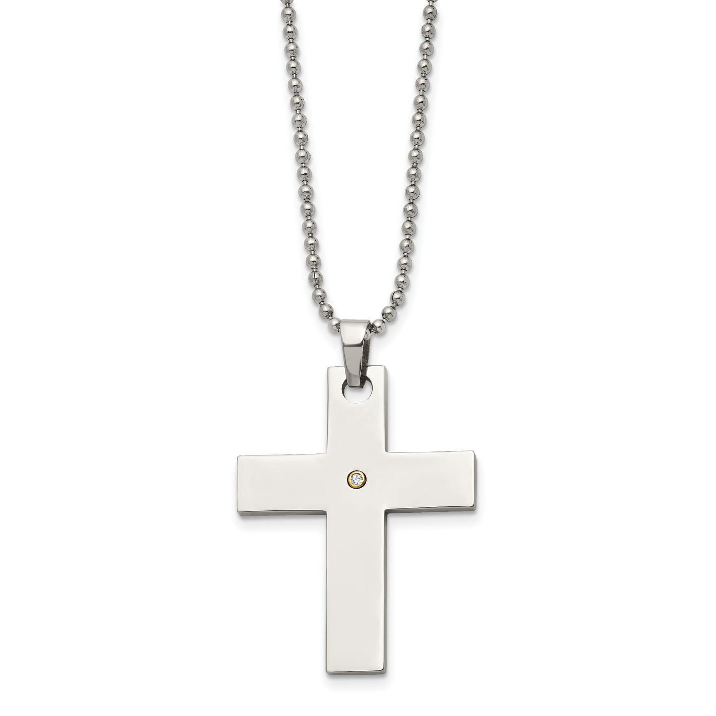 Stainless Steel Chisel Polished With 14K Gold Accent .02 Carat Diamond Cross Pendant On A 22 Inch Ball Chain Necklace