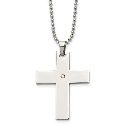 Stainless Steel Chisel Polished With 14K Gold Accent .02 Carat Diamond Cross Pendant On A 22 Inch Ball Chain Necklace