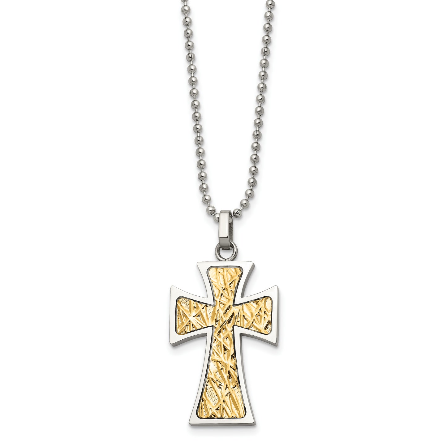 Stainless Steel Chisel Polished With 14K Gold Accent Cross Pendant On A 22 Inch Ball Chain Necklace