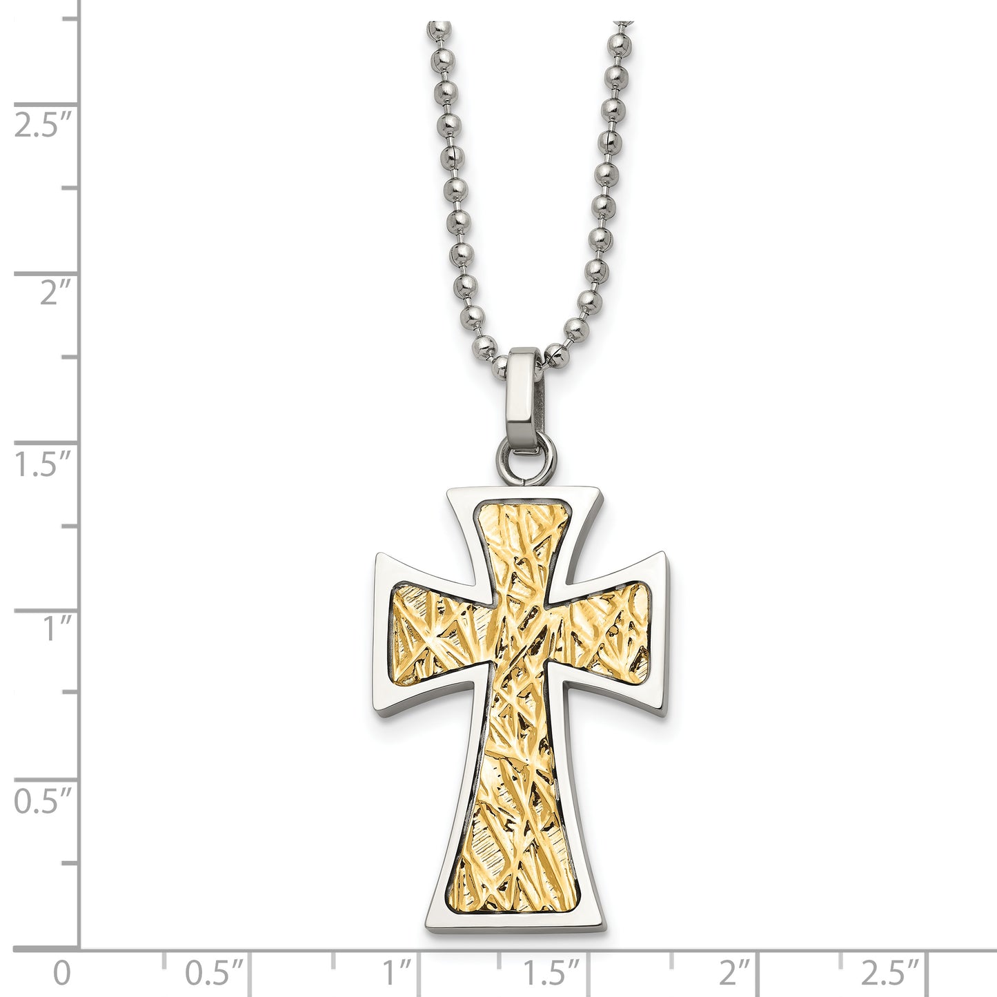 Stainless Steel Chisel Polished With 14K Gold Accent Cross Pendant On A 22 Inch Ball Chain Necklace