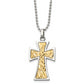 Stainless Steel Chisel Polished With 14K Gold Accent Cross Pendant On A 22 Inch Ball Chain Necklace