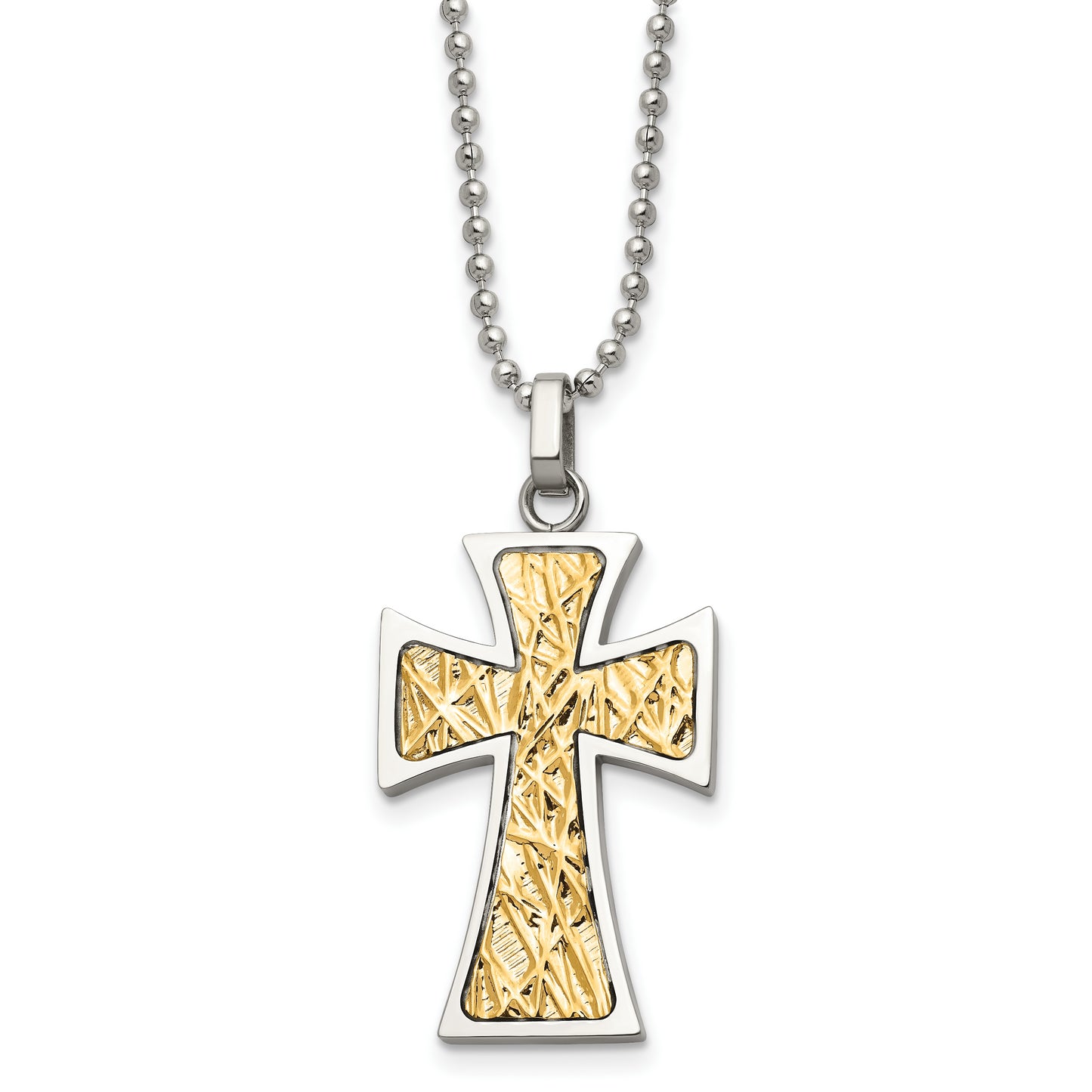 Stainless Steel Chisel Polished With 14K Gold Accent Cross Pendant On A 22 Inch Ball Chain Necklace