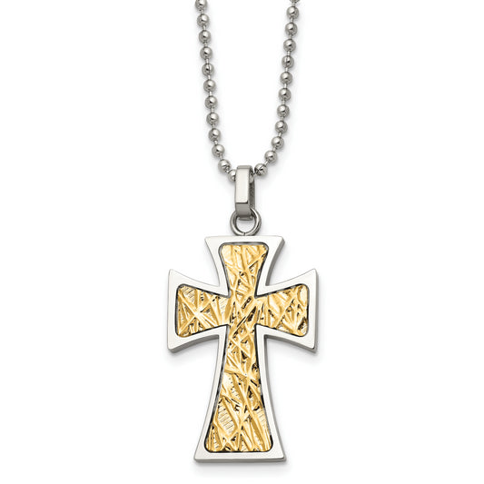 Stainless Steel Chisel Polished With 14K Gold Accent Cross Pendant On A 22 Inch Ball Chain Necklace