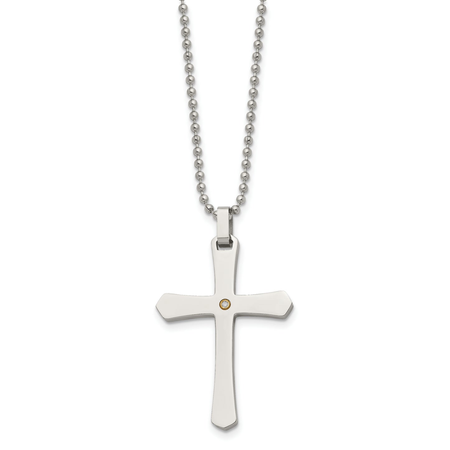 Stainless Steel Chisel Polished With 14K Gold Accent .02 Carat Diamond Cross Pendant On A 22 Inch Ball Chain Necklace