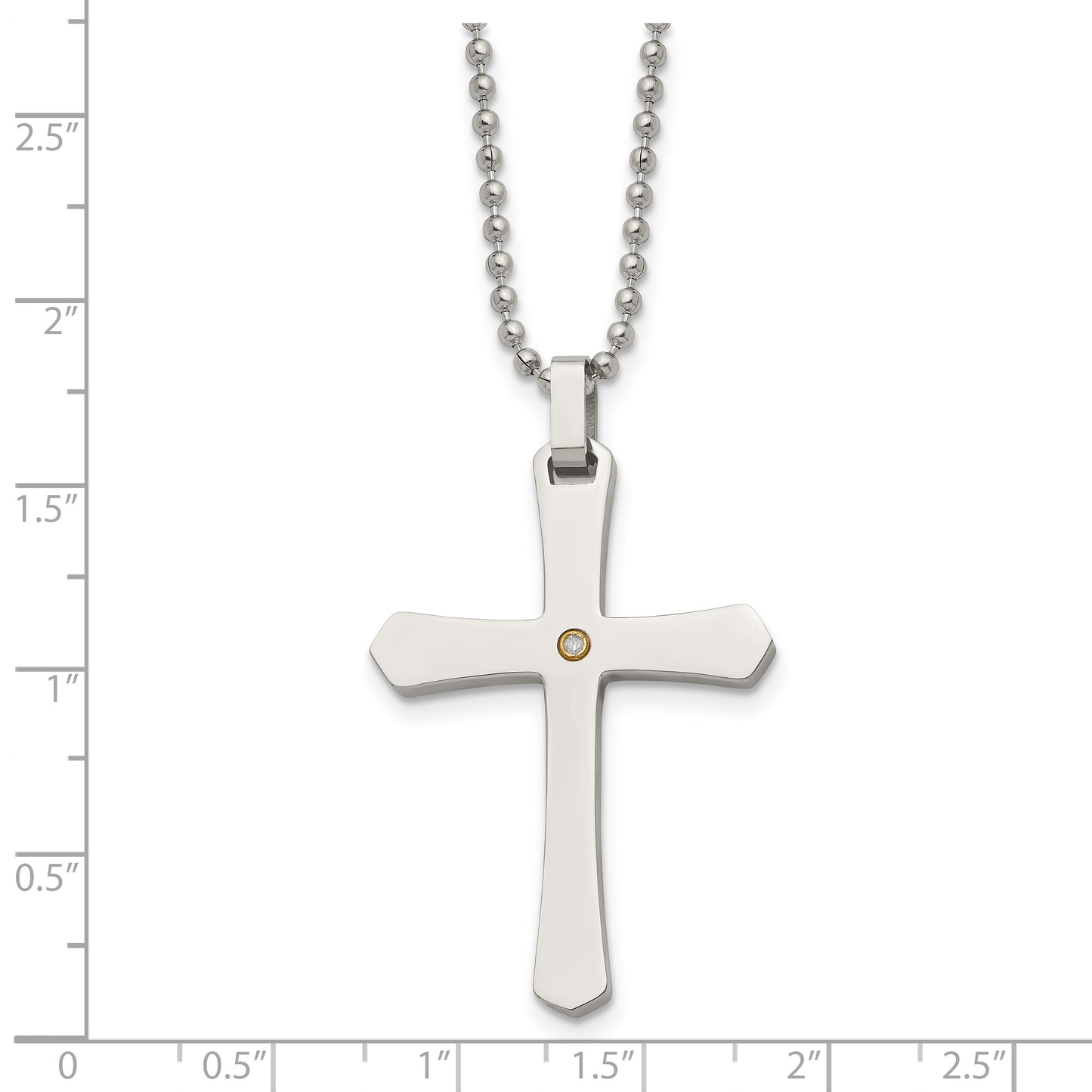 Stainless Steel Chisel Polished With 14K Gold Accent .02 Carat Diamond Cross Pendant On A 22 Inch Ball Chain Necklace