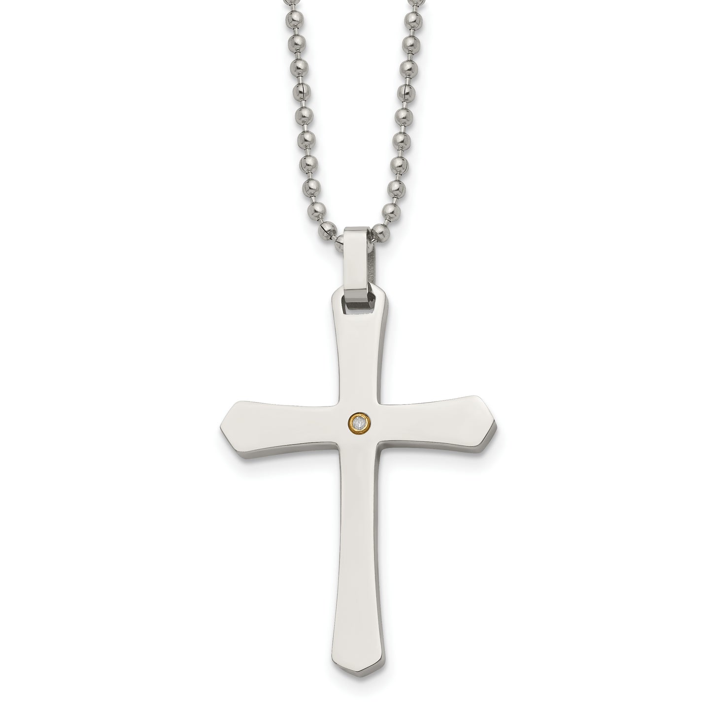 Stainless Steel Chisel Polished With 14K Gold Accent .02 Carat Diamond Cross Pendant On A 22 Inch Ball Chain Necklace