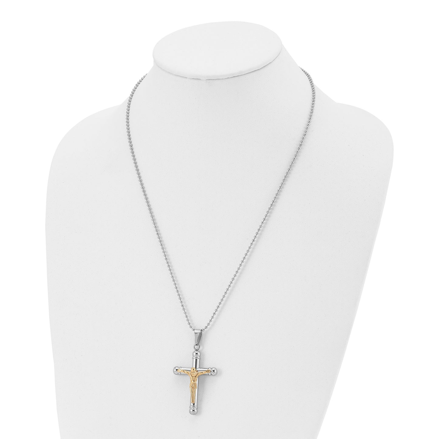 Stainless Steel Chisel Polished Yellow Ip-Plated Crucifix Pendant On A 22 Inch Ball Chain Necklace