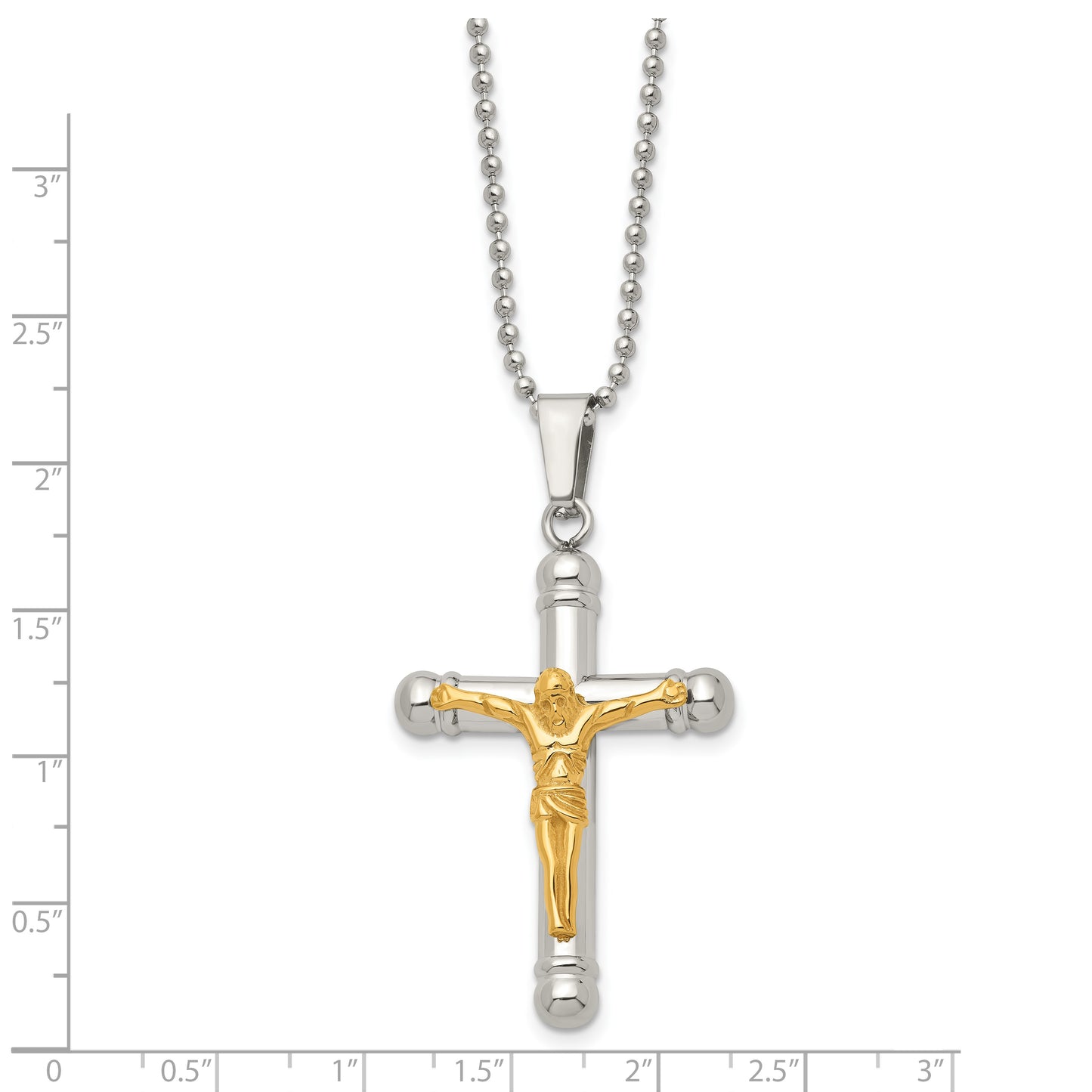 Stainless Steel Chisel Polished Yellow Ip-Plated Crucifix Pendant On A 22 Inch Ball Chain Necklace