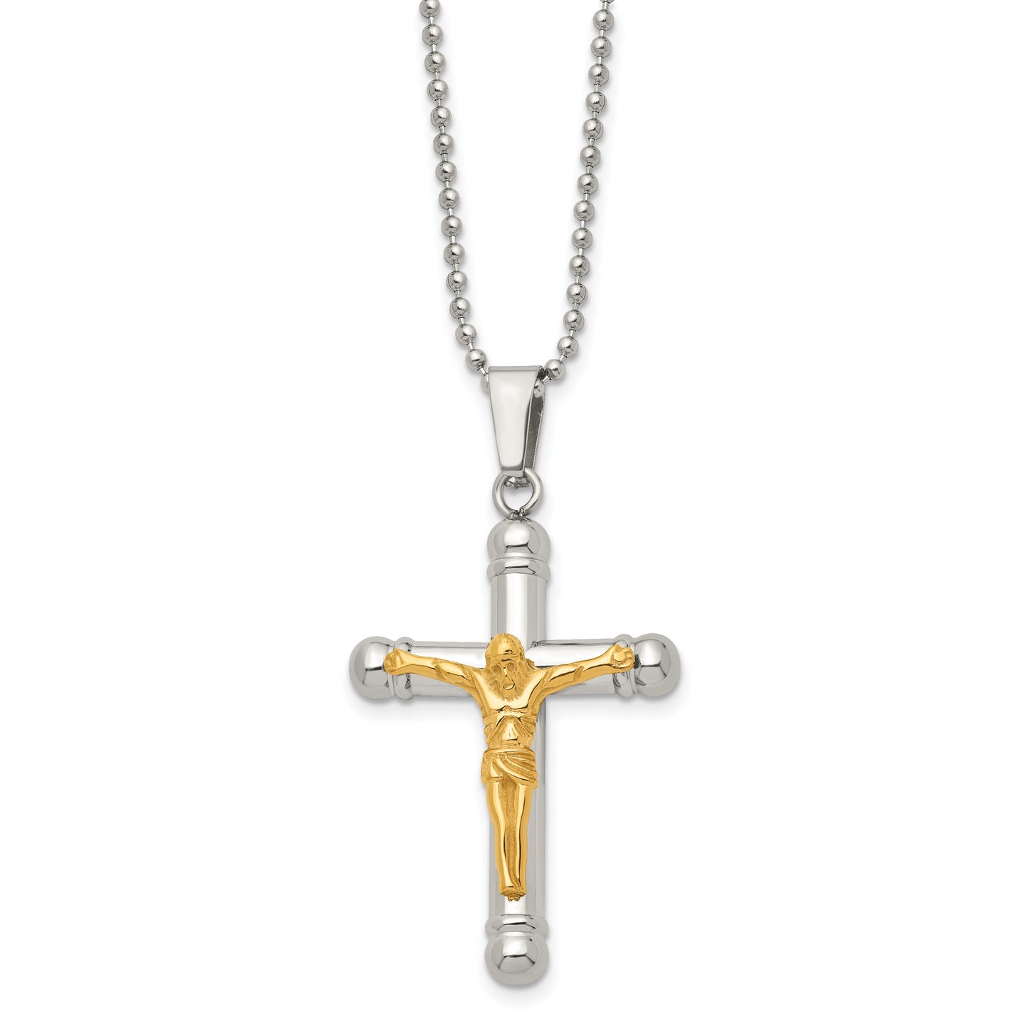 Stainless Steel Chisel Polished Yellow Ip-Plated Crucifix Pendant On A 22 Inch Ball Chain Necklace