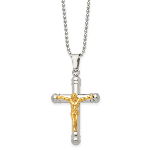 Stainless Steel Chisel Polished Yellow Ip-Plated Crucifix Pendant On A 22 Inch Ball Chain Necklace