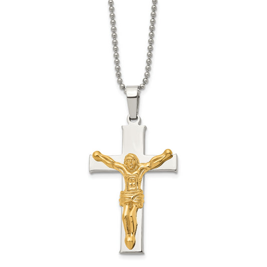 Stainless Steel Chisel Polished Yellow Ip-Plated Crucifix Pendant On A 22 Inch Ball Chain Necklace