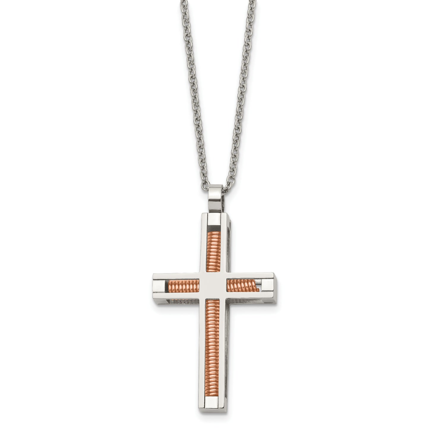 Stainless Steel Chisel Polished Rose Ip-Plated Cross Pendant On A 22 Inch Cable Chain Necklace