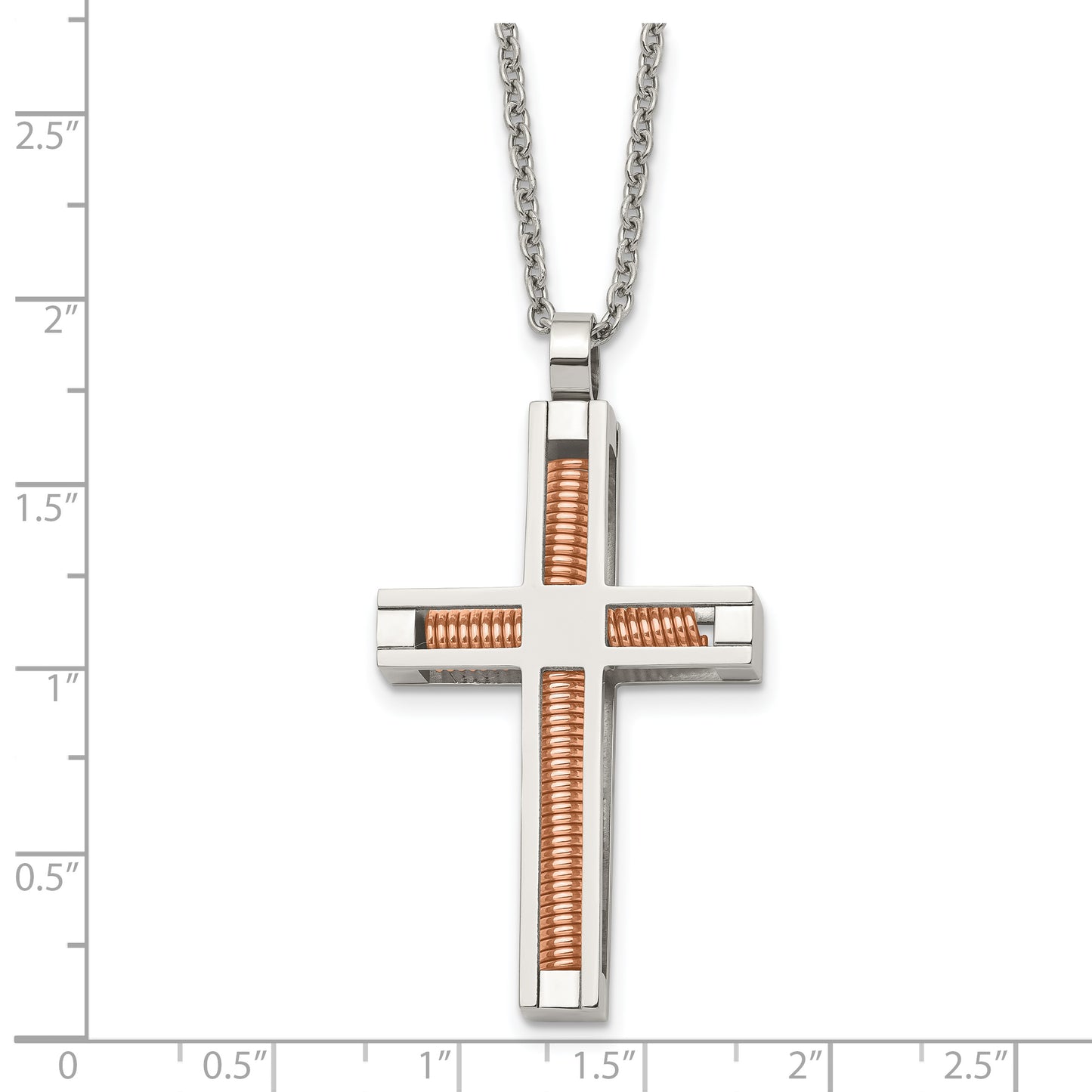 Stainless Steel Chisel Polished Rose Ip-Plated Cross Pendant On A 22 Inch Cable Chain Necklace