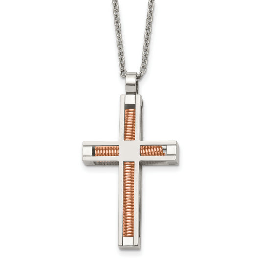 Stainless Steel Chisel Polished Rose Ip-Plated Cross Pendant On A 22 Inch Cable Chain Necklace