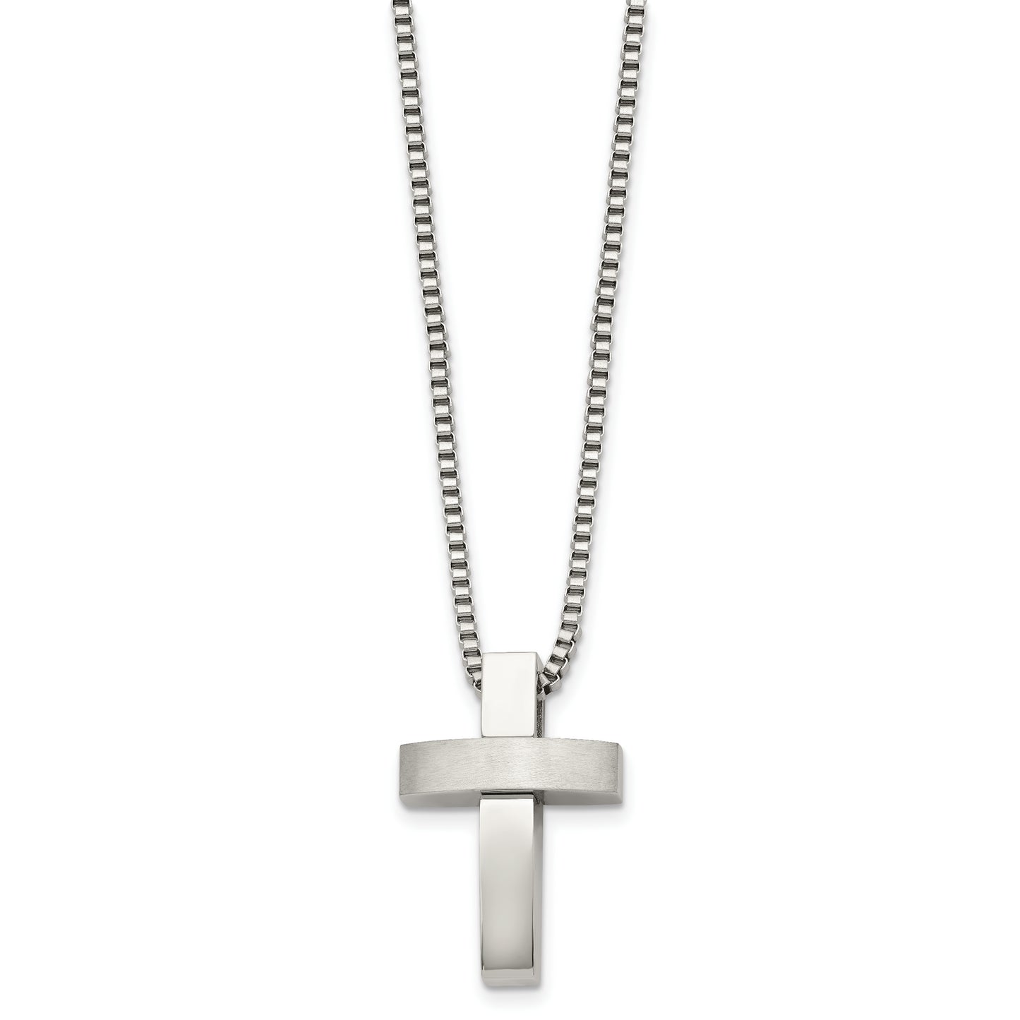 Stainless Steel Chisel Brushed And Polished Cross Pendant On A 22 Inch Box Chain Necklace