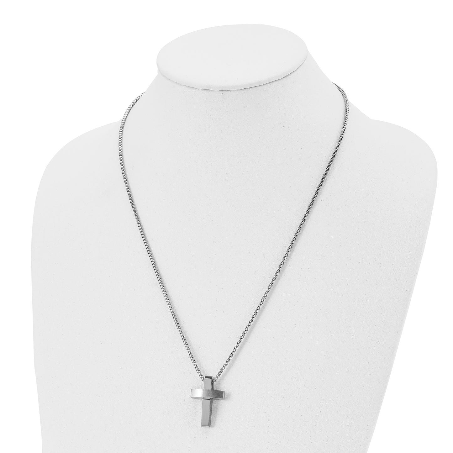 Stainless Steel Chisel Brushed And Polished Cross Pendant On A 22 Inch Box Chain Necklace