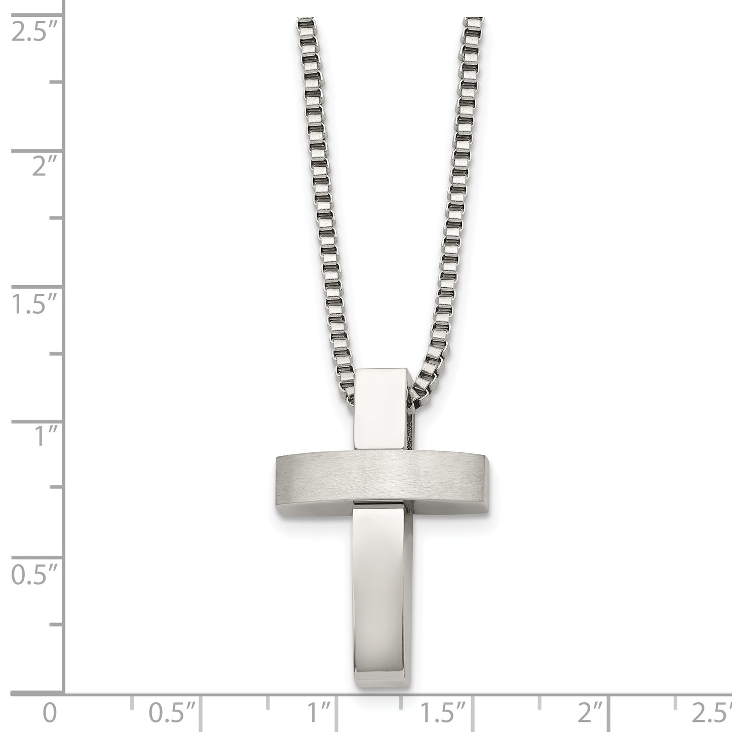 Stainless Steel Chisel Brushed And Polished Cross Pendant On A 22 Inch Box Chain Necklace