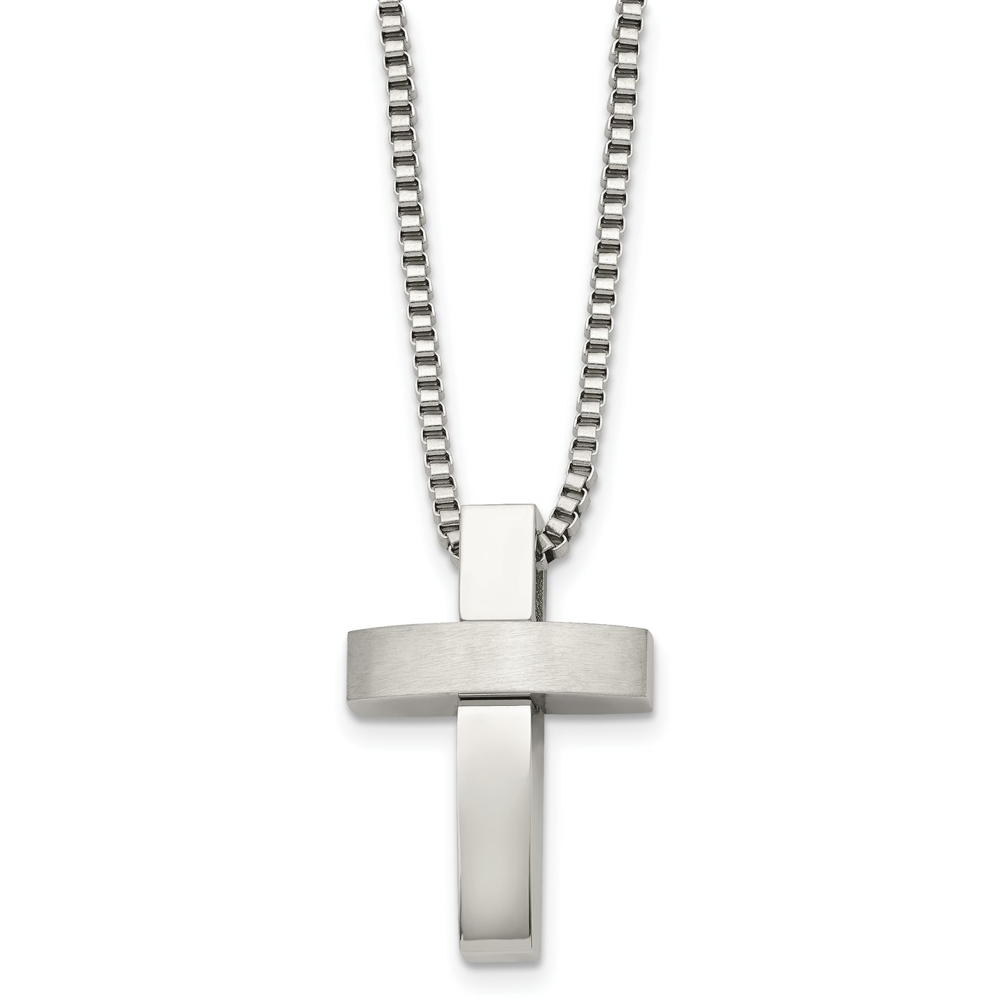 Stainless Steel Chisel Brushed And Polished Cross Pendant On A 22 Inch Box Chain Necklace