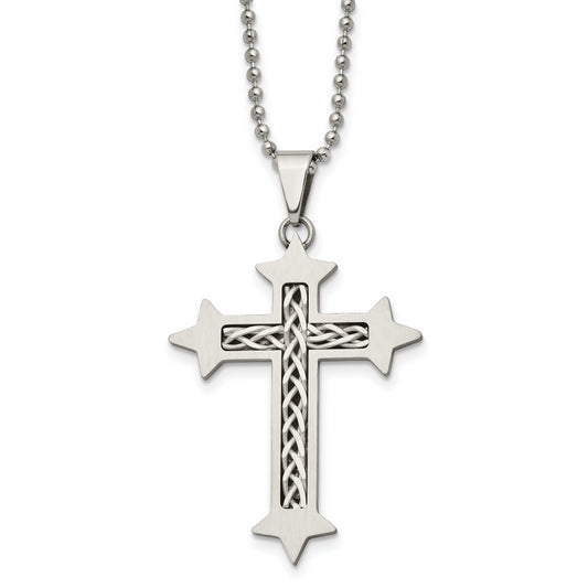 Stainless Steel Chisel Brushed With Braided Sterling Silver Inlay Cross Pendant On A 24 Inch Ball Chain Necklace