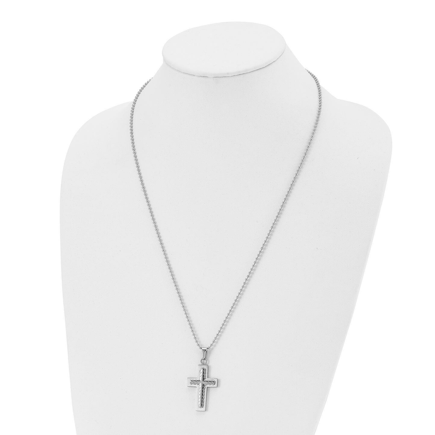 Stainless Steel Chisel Brushed And Polished Cross Pendant On A 24 Inch Ball Chain Necklace