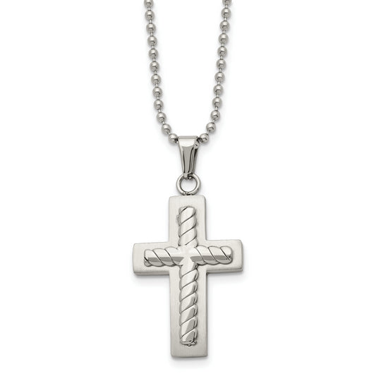 Stainless Steel Chisel Brushed And Polished Cross Pendant On A 24 Inch Ball Chain Necklace