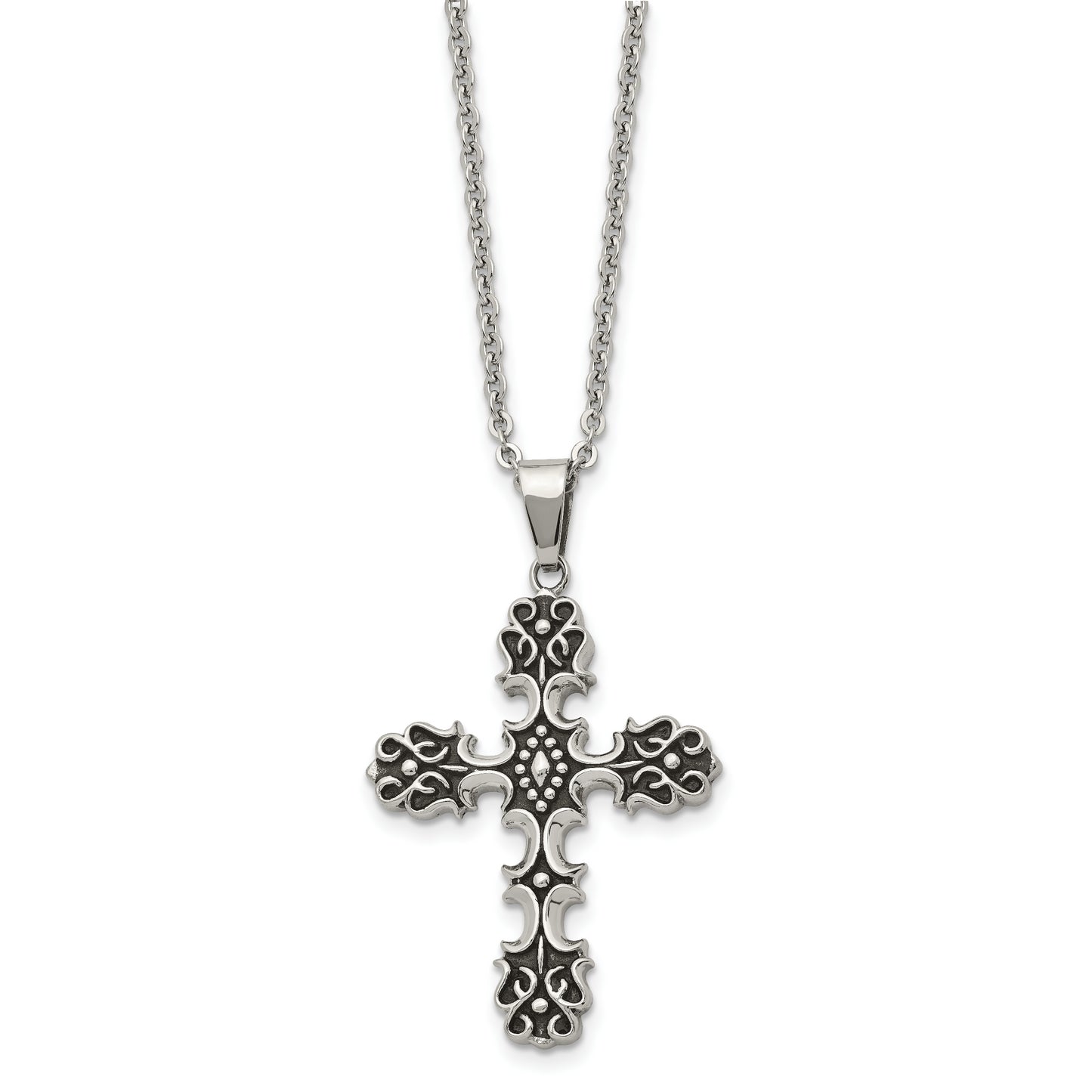 Stainless Steel Chisel Antiqued Polished And Textured Cross Pendant On A 22 Inch Cable Chain Necklace