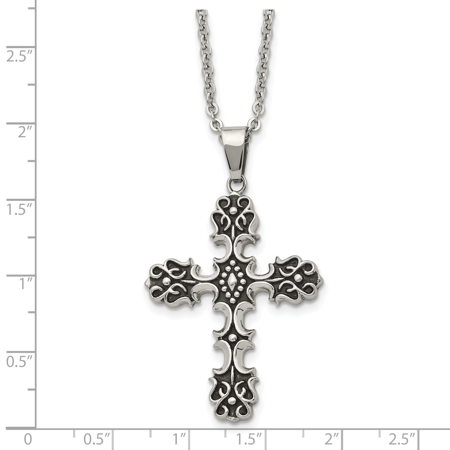 Stainless Steel Chisel Antiqued Polished And Textured Cross Pendant On A 22 Inch Cable Chain Necklace