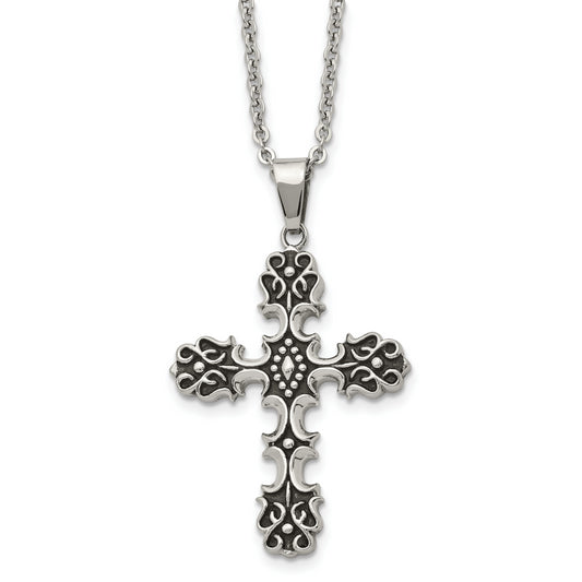 Stainless Steel Chisel Antiqued Polished And Textured Cross Pendant On A 22 Inch Cable Chain Necklace