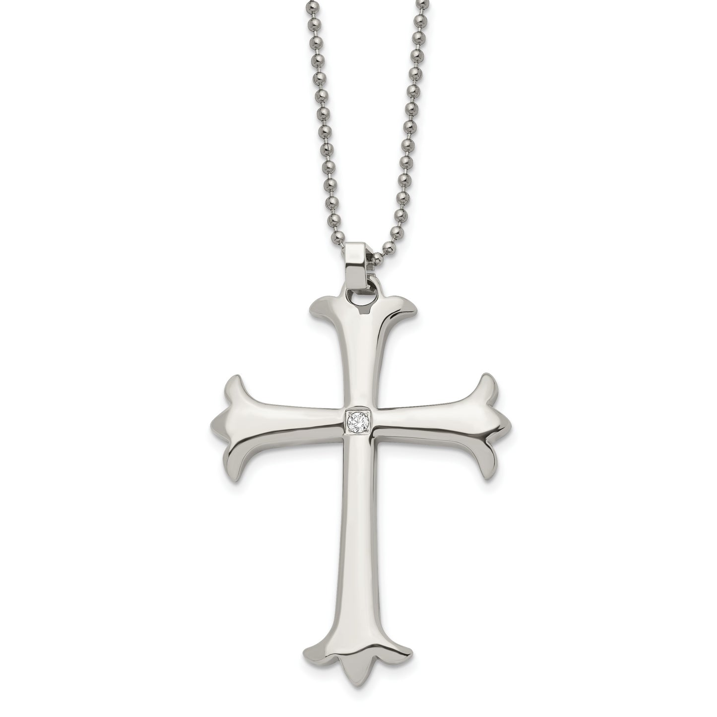 Stainless Steel Chisel Polished With Cz Cross Pendant On A 22 Inch Ball Chain Necklace