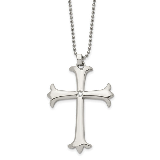 Stainless Steel Chisel Polished With Cz Cross Pendant On A 22 Inch Ball Chain Necklace